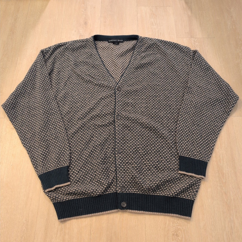 VTG Geoffrey Beene Men XL Cardigan Sweater Textured Button‎ Retro Grandpa Green